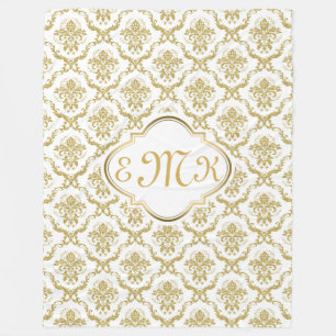 Skador för monogrammets Elegant White & Guld Blomm Fleecefilt
