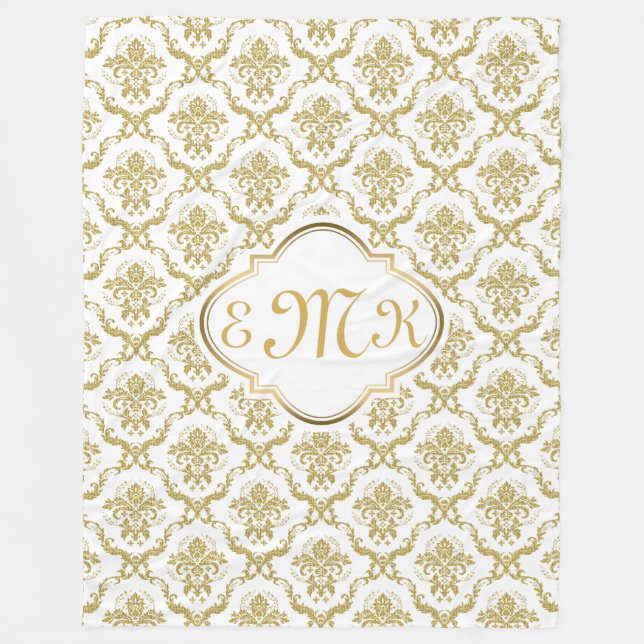 Skador för monogrammets Elegant White & Guld Blomm Fleecefilt (Framsidan)
