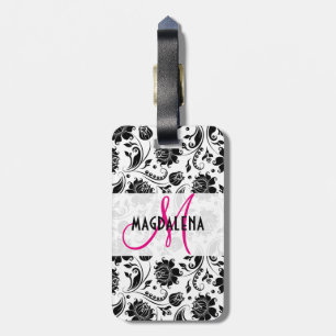 Skador för svartvit Blommigt, elegant 2, Monogram Bagagebricka