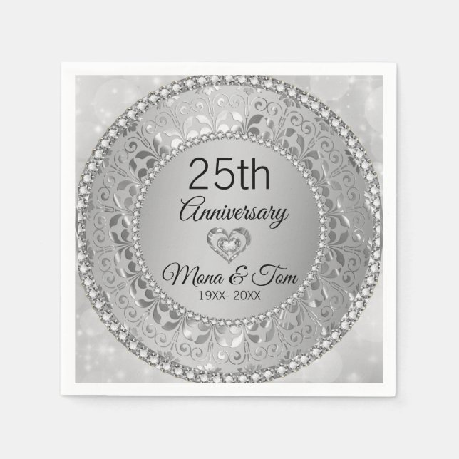 Skador och hjärta i silver Blommigt Pappersservett (Framsidan)