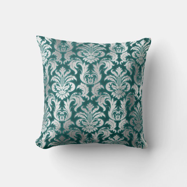 Skador Silver Grått Metallisk Teal Velvet Effekt Kudde (Framsida)