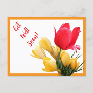 Skaffa snart söt röd tulip-gult-krokus-roligt vykort