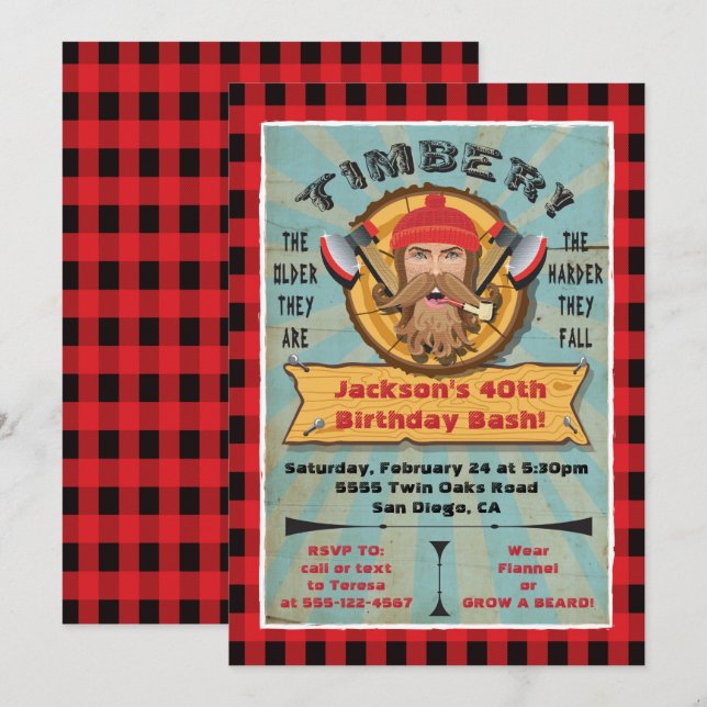 Skäggbursdagskort för hipsters i stil med skogshug inbjudningar (Fram/baksida)