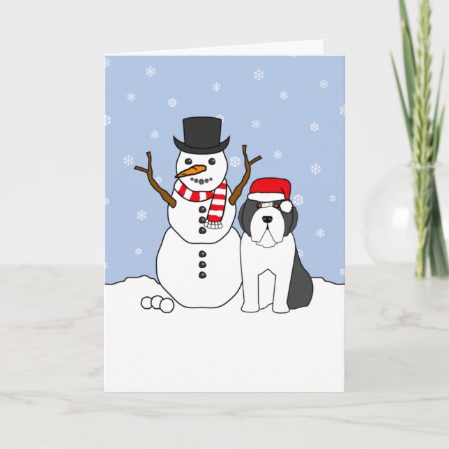 Skäggig Collie och snögubbe Helgkort (Framsida)