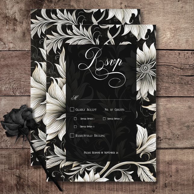 Skaka Blommigten Black & White med mörk Gotham Vin OSA Kort (Dark Gothic Vintage Black & White Floral Damask Wedding Response Card with Dinner Options)