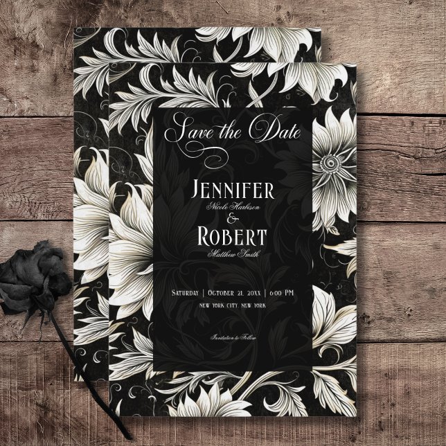Skaka Blommigten Black & White med mörk Gotham Vin Spara Datumet (Dark Gothic Vintage Black & White Floral Damask Wedding Save the Date Card)