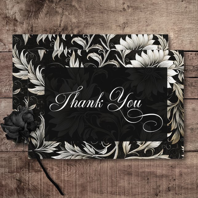 Skaka Blommigten Black & White med mörk Gotham Vin Tack Kort (Dark Gothic Vintage Black & White Floral Damask Wedding Thank You Card)