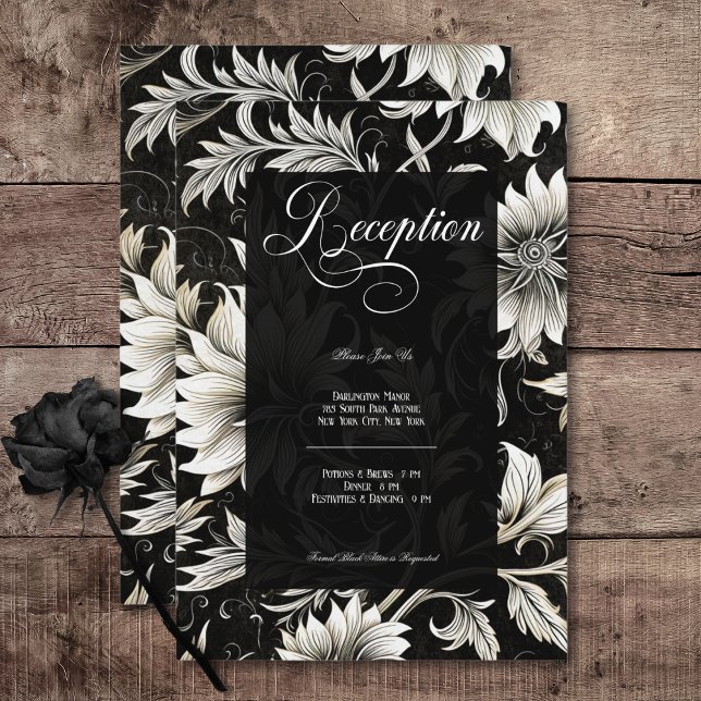 Skaka Blommigten Black & White med mörk Gotham Vin Tilläggskort (Dark Gothic Vintage Black & White Floral Damask Wedding Reception Enclosure Card)