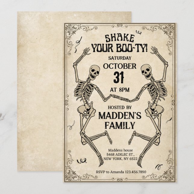 Skaka ditt Booty Vintage-skelett Halloween Inbjudningar (Fram/baksida)