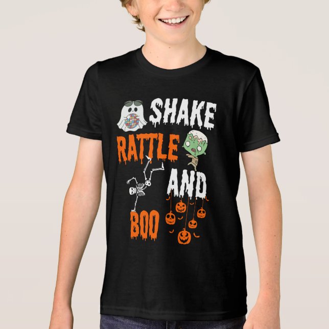 Skaka, rattle, Boo Skeleton Zombie Roligt Hallowee T Shirt (Framsida)