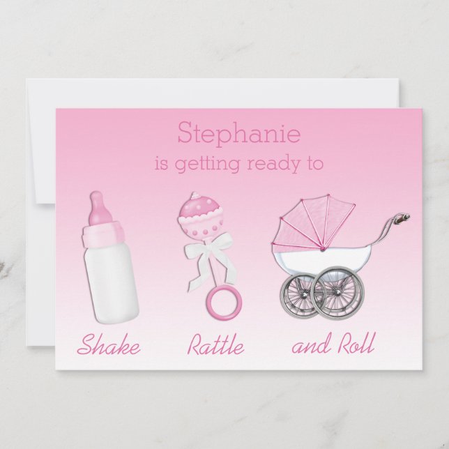 Skaka Rattle och Roll Girl Baby Shower Inbjudningar (Framsida)