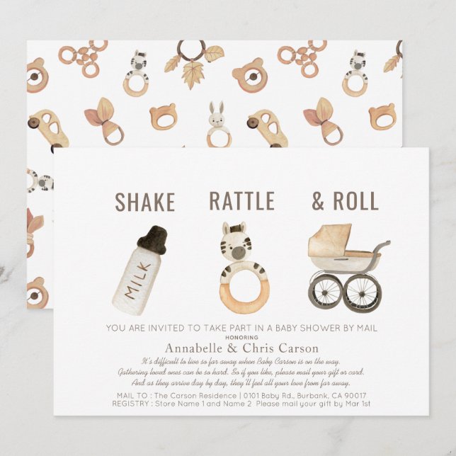 Skaka rattle & Roll Boho Baby Shower med post Inbjudningar (Fram/baksida)