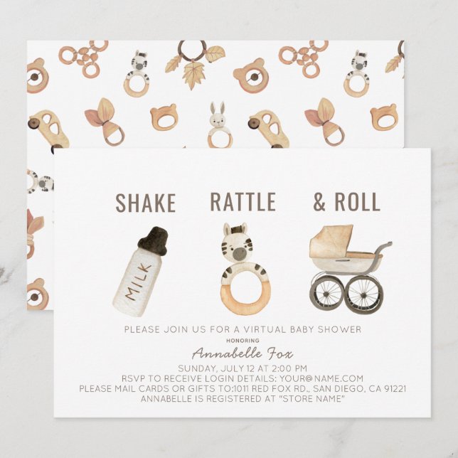 Skaka Rattle & Roll Boho Virtuell Baby Shower Inbjudningar (Fram/baksida)