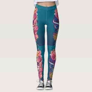 Skakskallkvinna i blomman krona porträtt leggings