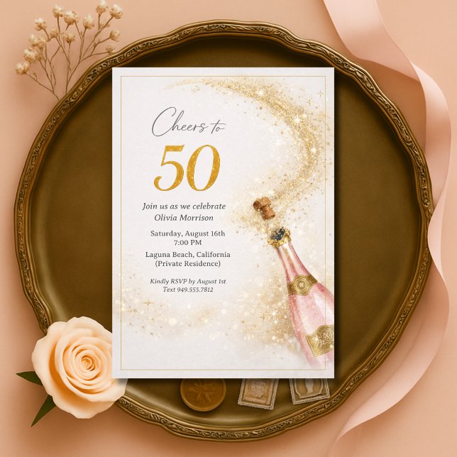 Skål 50-års födelsedag Rosa Guld Champagne Inbjudningar (Skapare uppladdad)
