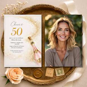 Skål 50-års födelsedagsfoto Rosa Guld Champagne Inbjudningar