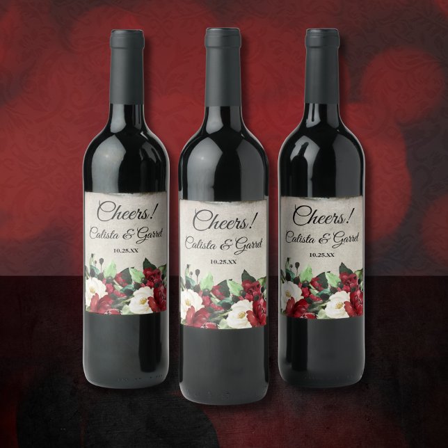 Skål! | Elegant Mörk Red Blommigt Goth Bröllop Vinflaska Etikett (Skapare uppladdad)