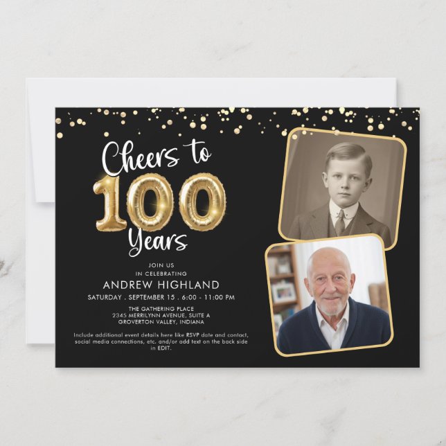 Skål för 100 år 2 bilder Skript Ballong Inbjudningar (Framsida)