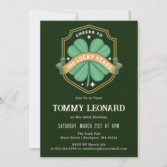 Skål för 100 år Lucky Shamrock Birthday Inbjudningar (Framsida)
