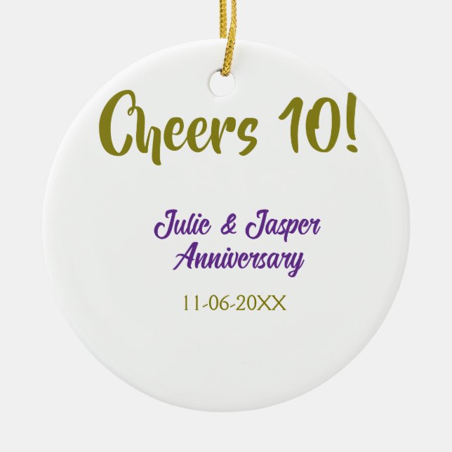 Skål för 10-års bröllopsjubileum lila guld julgransprydnad keramik (Framsidan)