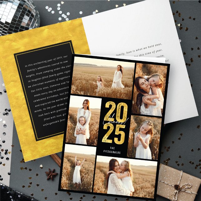 Skål för 2025 Guld-typografi - nyårsfoto 6 Helgkort (Cheers To 2025 Black & Gold Typography New Year 6 Photo Holiday Card @ fat_fa_tin)