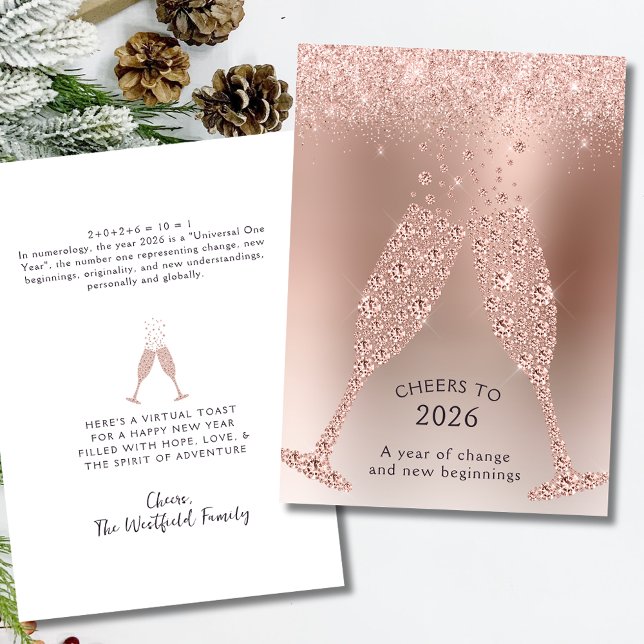 Skål för 2026 Året för förändring Nytt år Julkort (Cheers to 2026 Year of Change Rose Gold New Year Holiday Flat Card)