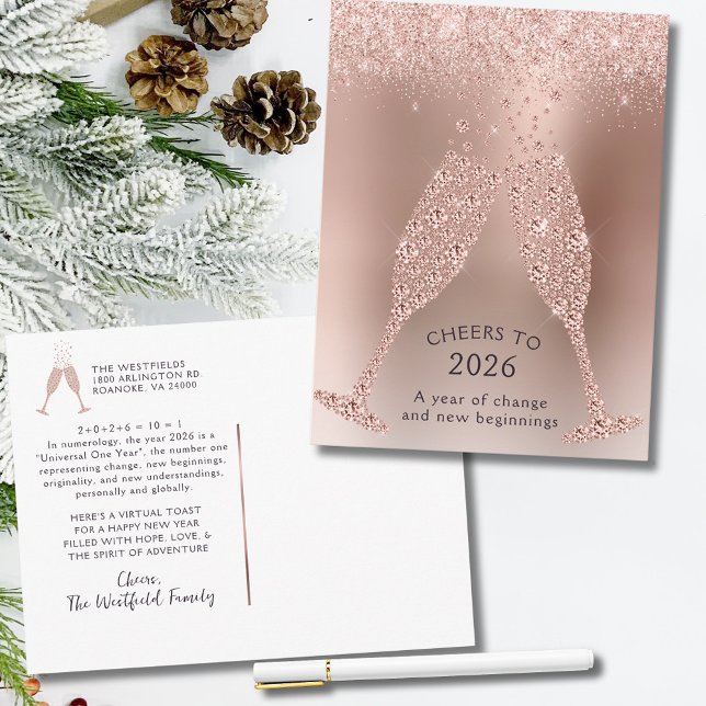 Skål för 2026 - förändringens år - Nyår Helg Vykort (Cheers to 2026 Year of Change Rose Gold New Year Holiday Postcard)