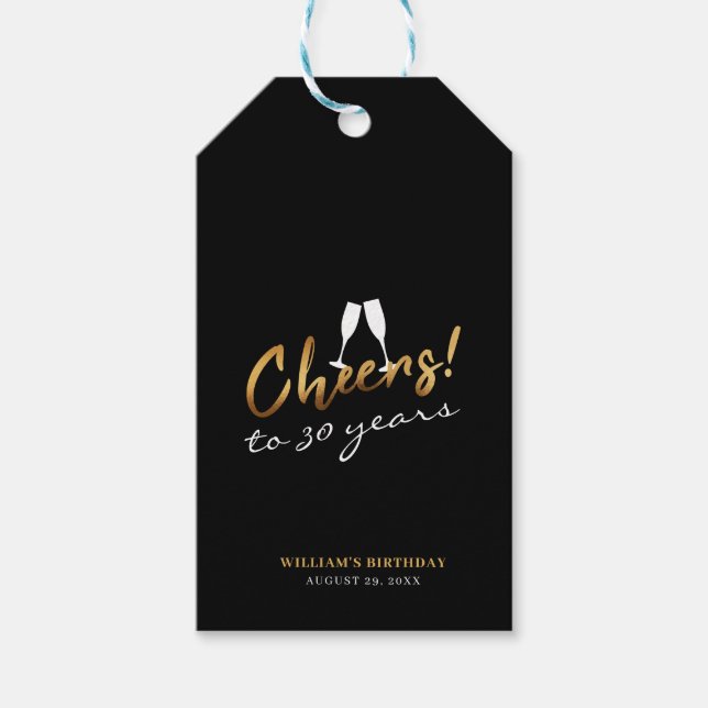 Skål för 30 års Chic Guld Black Vuxen Birthday Presentetikett (Framsidan)