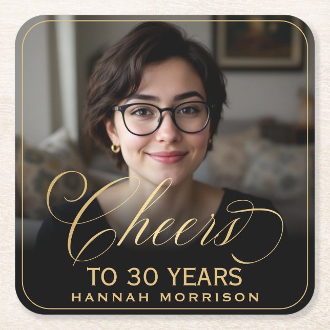 Skål för 30 års födelsedag Photo Guld Black Underlägg Papper Kvadrat (Framsidan)