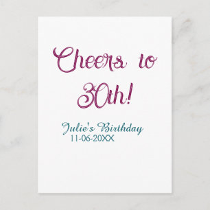 Skål för 30-årsdag namn datum mauve blå elega vykort