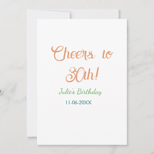 Skål för 30-årsdag namn datum orange grön blå inbjudningar (Framsida)