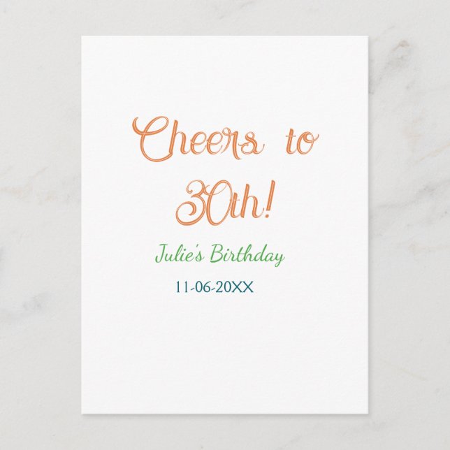 Skål för 30-årsdag namn datum orange grön blå vykort (Framsida)