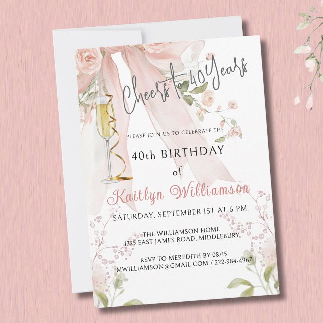 Skål för 40 år Rosa Bow Floral Inbjudan (Skapare uppladdad)