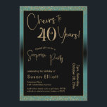 Skål för 40-års överraskningskalas, Teal Inbjudningar<br><div class="desc">Med hjälp av två utmärkande typsnitt har jag skapat grafik för ditt tillkännagivande och prytt dem med en falsk metallisk guld effekt för en festlig stämning. Även om varje del kan flyttas runt för att passa dina behov, står det "Cheers to 40 Years!" och "Surprise Party" i rubriken. ("Surprise" kan...</div>