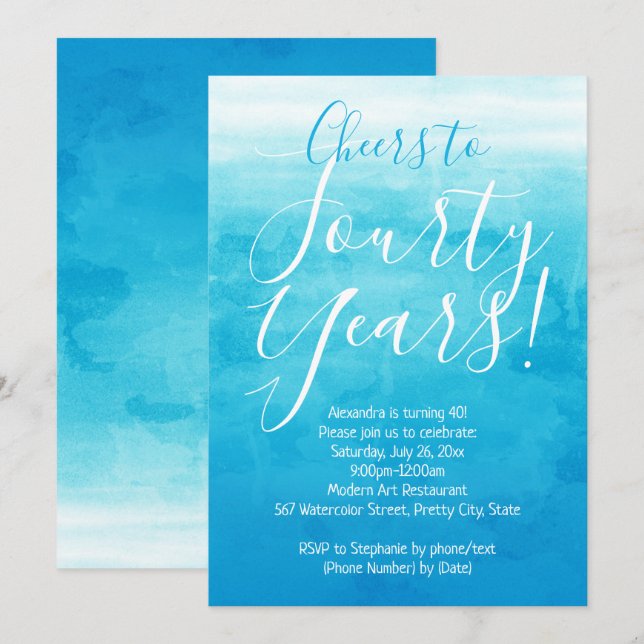 Skål för 40 Blue Ombre Modern 40:e födelsedagen Pa Inbjudningar (Fram/baksida)