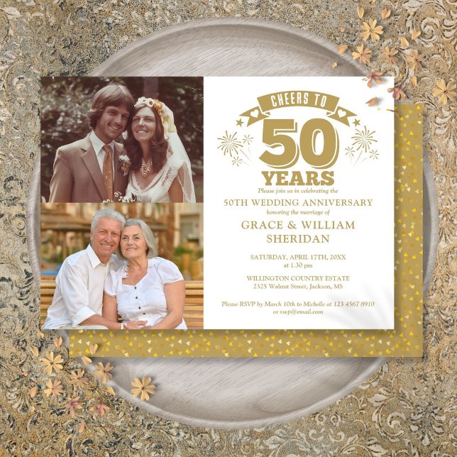 Skål för 50-års bröllopsdag 2 Foto Inbjudningar (Cheers To 50th Wedding Anniversary 2 Photo Invitation)