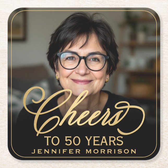 Skål för 50 års födelsedag Photo Guld Black Underlägg Papper Kvadrat (Framsidan)
