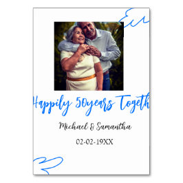 skål för 50-årsjubileum blå blad foto namn bordsnummer