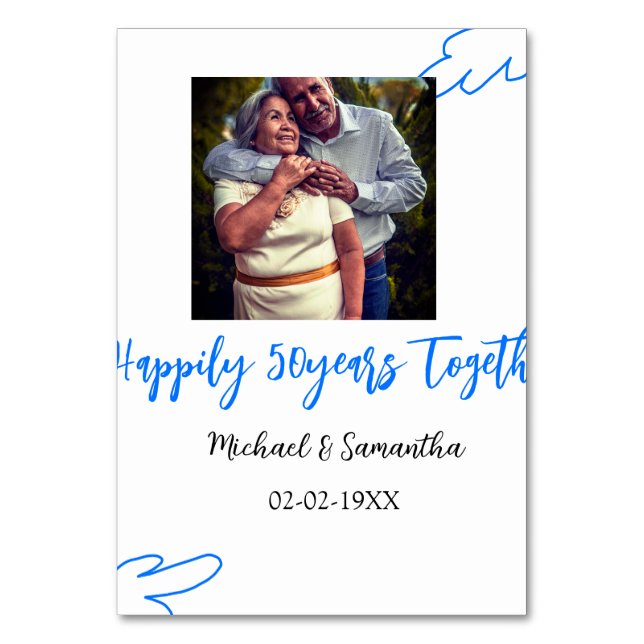 skål för 50-årsjubileum blå blad foto namn bordsnummer (Framsidan)