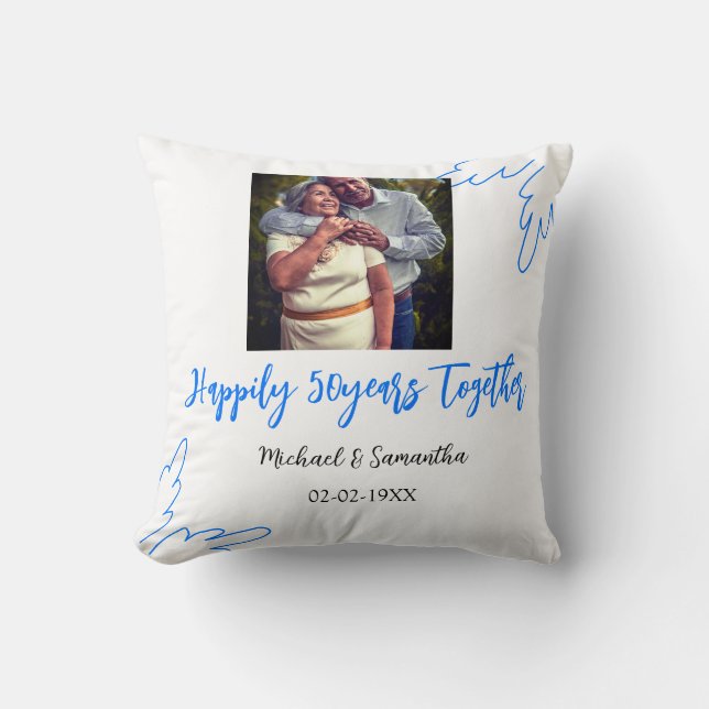 skål för 50-årsjubileum blå blad foto namn kudde (Framsida)