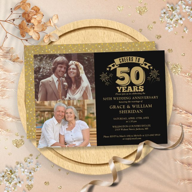 Skål för 50 Bröllop-årsdag 2-foto Inbjudningar (Cheers To 50th Wedding Anniversary 2 Photo Invitation)