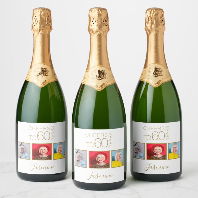 Skål för 60 år 3 bilder Guld Elegant ram (Flaskor)
