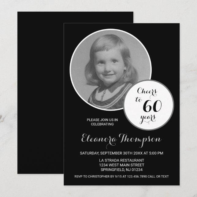 Skål för 60 års fotosvart och vitt inbjudningar (Fram/baksida)