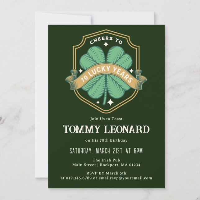 Skål för 70 år Lucky Shamrock Birthday Inbjudningar (Framsida)