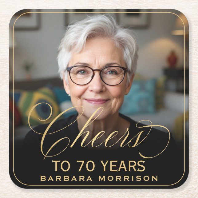 Skål för 70 års födelsedag Photo Guld Black Underlägg Papper Kvadrat (Framsidan)