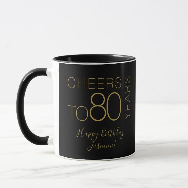 Skål för 80 år Black Gold Elegant Födelsedag Mugg (Vänster)