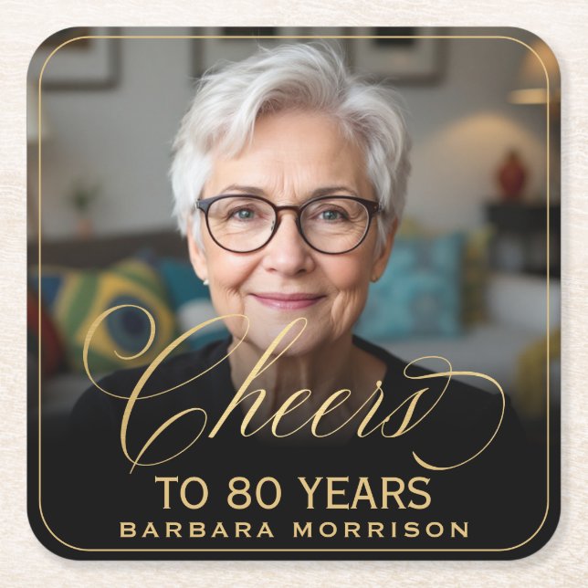 Skål för 80 års födelsedag Photo Guld Black Underlägg Papper Kvadrat (Framsidan)