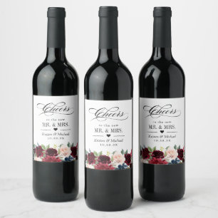 Skål för den Blommigten Bröllop Burgundy Vinflaska Etikett