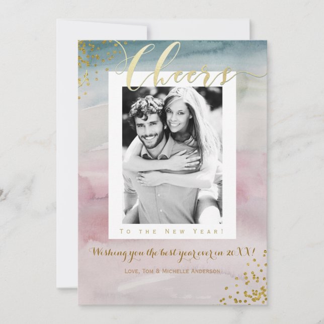 SKÅL För det nya året Glam vattenskiftande Foto Julkort (Framsida)