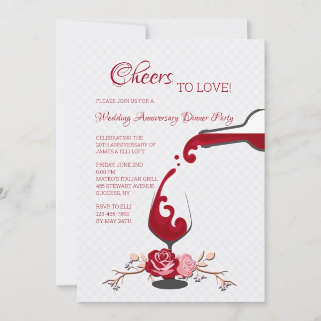 Skål för kärlek Bröllopsdags middagsfest Inbjudningar (Framsida)